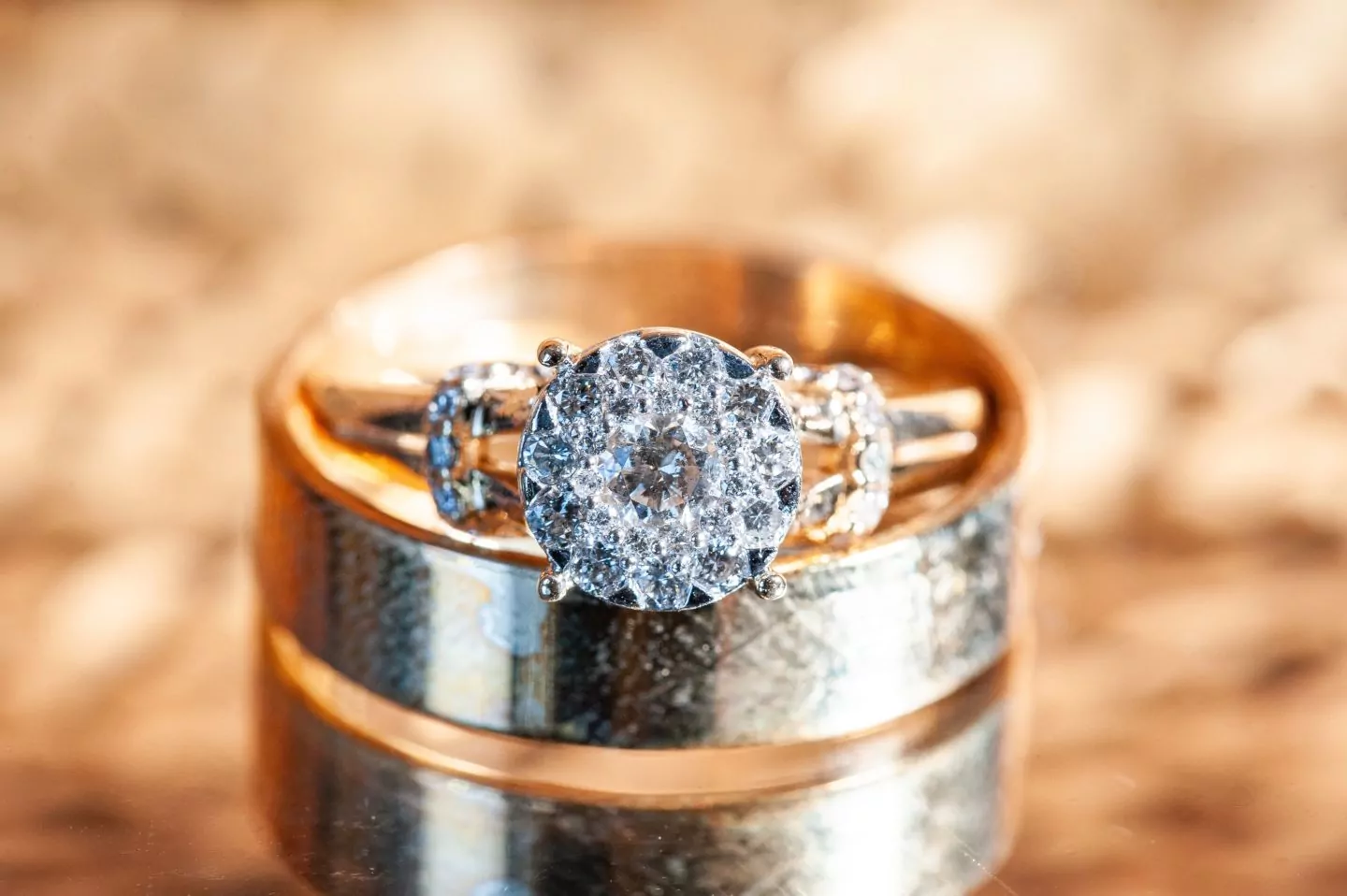 Closeup shot of a bridal ring set with a blurry background
